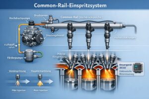 Erfahre alles über die Common-Rail-Einspritzung: Aufbau, Funktionsweise, Hochdrucksystem, Voreinspritzung, Haupteinspritzung, Nacheinspritzung, Vorteile, Nachteile und Zukunftsperspektiven für Diesel- und Benzinmotoren.